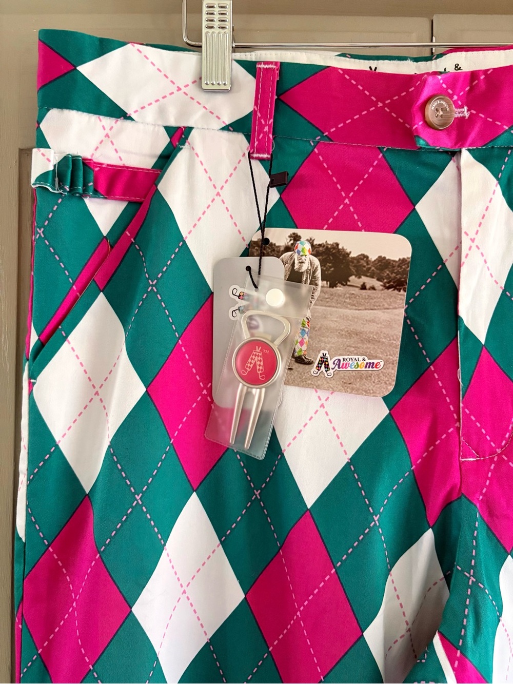 ROYAL & AWESOME Golf Pants | Par-Gyle | Masters Green & Hot Pink | Size 36/34 - Picture 3 of 9